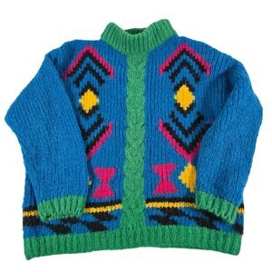 Willow Bay Vintage 80s Geometric Pattern Knit Sweater Mock Neck Blue Green sz L